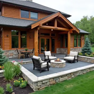 Rocky Mountain Lodge Enclosure - A robust timber and stone enclosed patio with retractable glass panels, featuring slate flooring and chunky log furniture. Native columbines and black-eyed susans border built-in planters, while dwarf blue spruce and red-twig dogwood provide year-round structure. A stone fire pit centers the space