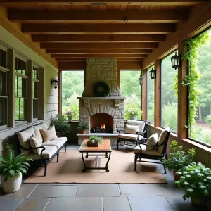 Rustic Screened Woodland Retreat - A cozy screened patio enclosure with exposed wooden beams, stone flooring, and rustic furniture. Boston ferns hang from the ceiling, while climbing hydrangeas peek through the screening. Natural stone fireplace as focal point