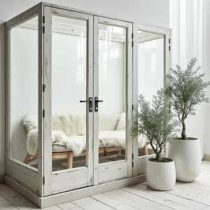 Scandinavian Winter Garden - A minimalist Nordic-inspired glass enclosure with white-painted wooden frames, featuring light birch furniture, sheepskin throws, and white-painted plant stands with silver-leafed eucalyptus. Clean lines accent white ceramic planters filled with ghost ferns