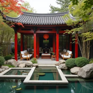 Shanghai Garden Pavilion - A contemporary take on traditional Chinese architecture with glass walls and red lacquered frames, featuring modern interpretation of Ming dynasty furniture and silk cushions. Bamboo grove, Chinese peonies, and ornamental maples create Asian elegance. Geometric pond and traditional rock garden complete the design