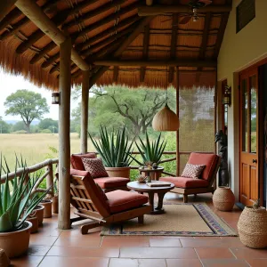 South African Lodge Veranda - A thatched-roof enclosed veranda with natural reed screens and stone flooring, featuring leather safari chairs and tribal-print cushions. Bird of paradise, protea flowers, and aloe vera create dramatic focal points. Woven grass baskets and carved wooden sculptures add authentic African touches