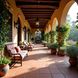 Spanish Colonial Veranda - An elegant arched veranda with terracotta tiles and wrought iron screens, featuring hand-painted ceramic planters and carved wooden furniture. Cascading bougainvillea and trumpet vines frame the arches, while potted citrus trees and Spanish lavender add Mediterranean flair. Moorish lanterns provide evening ambiance