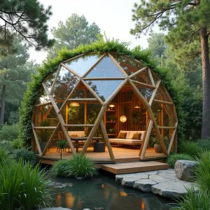 Sustainable Living Garden Pod - A geodesic dome enclosure with recycled wood and double-paned glass panels, featuring green roof integration, hanging air plants, and sleek bamboo furniture. Living wall sections filled with ferns and pothos, solar-powered ambient lighting, and a natural stone water feature surrounded by native grasses