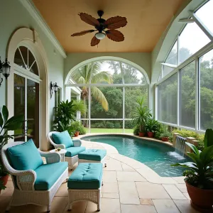 Tropical Paradise Lanai - An elegant screened lanai with cathedral ceilings, featuring tropical palm trees, bird of paradise plants, and orchids. White wicker furniture with turquoise cushions, and a cascading water feature along one wall