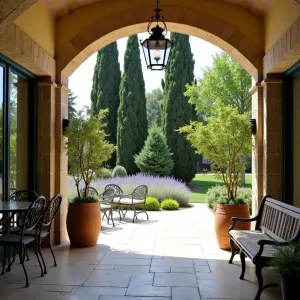 Tuscan Wine Garden Gallery - An arched stone gallery with retractable glass panels, featuring terracotta urns, wrought iron furniture, and climbing grapevines. Italian cypress trees, lavender beds, and rosemary bushes create a Mediterranean atmosphere, enhanced by antique wine barrel planters