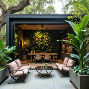 Urban Jungle Loft - A contemporary steel and glass box extension with industrial elements, featuring concrete planters, metallic furniture, and a dramatic living wall. Monstera deliciosa, trailing philodendrons, and large banana plants create an urban rainforest, accented by copper light fixtures