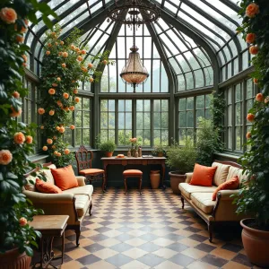 Victorian Conservatory Garden - A stunning Victorian-style glass conservatory with ornate metalwork, featuring climbing roses, vintage furniture, and checkerboard tile flooring. Crystal chandelier overhead and potted citrus trees in decorative planters