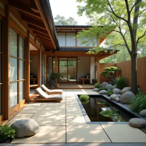 Zen Garden Enclosure - A minimalist Japanese-inspired screened patio with sliding shoji screens, featuring bamboo privacy screens, rock gardens, and bonsai displays. Traditional tatami seating area and a small koi pond