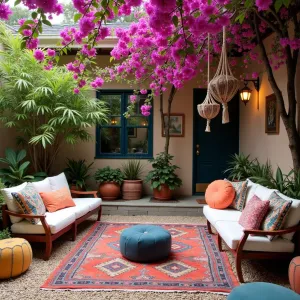 Bohemian Garden Party - A free-spirited backyard patio with mixed-tone pea gravel, layered with vintage Persian rugs. Colorful poufs and floor cushions, macramé plant hangers with trailing plants, and moroccan lanterns. Pink bougainvillea and purple passion vine create a canopy.