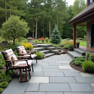 Alpine Rock Garden - Natural slate paver patio with integrated rock garden features. Hardy sedum varieties, creeping thyme, and dwarf mugo pine create alpine atmosphere. Simple metal frame chairs with wool plaid throws and rustic wooden side tables.