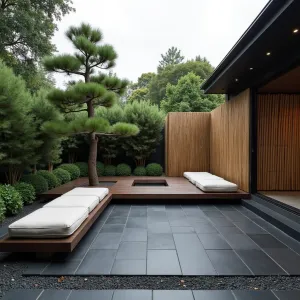 Asian Fusion Serenity - Dark charcoal paver patio with simple bamboo screen privacy wall. Cloud-pruned juniper and Japanese forest grass create zen atmosphere. Low profile teak platform seating with minimalist cushions.