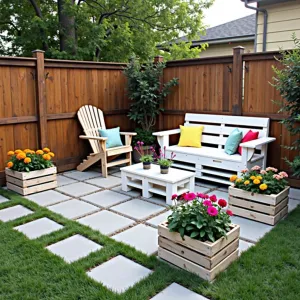 Budget Butterfly Square - Cost-effective square paver patio using basic concrete pavers in a simple grid pattern. Butterfly-friendly zinnias and lantana in recycled wooden crates. DIY pallet furniture painted white with colorful outdoor cushions. String lights overhead for ambiance.