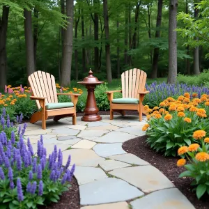 Butterfly Garden Retreat - Natural limestone paver patio with scattered pockets of butterfly-friendly plantings. Purple butterfly bush, orange asclepias, and pink coneflowers create living borders. Simple cedar Adirondack chairs with sage green cushions and a copper bird bath focal point.