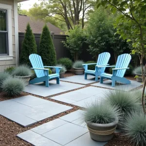 Coastal Breeze Budget - Simple light grey concrete paver patio in offset pattern. Beach grass and blue dune grass create maritime feel. Affordable plastic Adirondack chairs in coastal blue. Rope-wrapped concrete planters with trailing silver artemisia.