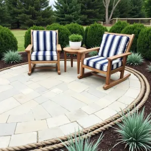 Coastal Breeze Haven - Shell-colored concrete paver patio with weathered rope border detail. Surrounded by maritime juniper, beach grass, and blue fescue. Simple weathered teak steamer chairs with navy striped cushions and rope accent details.