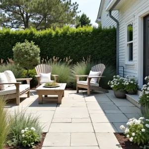 Coastal Paver Sanctuary - Light-colored paver patio with a coastal feel. Surrounded by ornamental grasses, Russian sage, and white flowering plants. Simple weathered teak furniture and nautical-inspired decor elements.