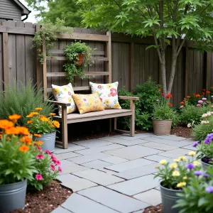 Cottage Garden Budget - Economic paver patio using mixed-size concrete pavers in natural grey. Budget-friendly cosmos and zinnia border with climbing morning glories on simple wooden trellis. Basic wooden bench with floral cushions. Painted tin containers with herbs.