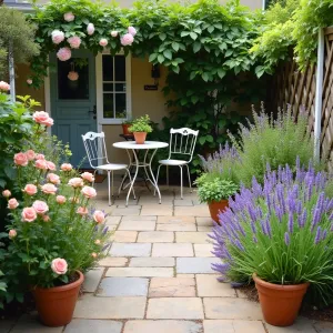 Cottage Garden Paver Haven - Charming sandstone paver patio with a cottage garden aesthetic. Surrounded by English roses, delphiniums, and lavender. Features vintage-style bistro set and terra cotta planters filled with herbs.