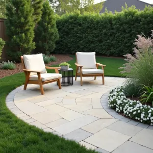 Crescent Moon Garden - A simple curved paver patio in light sandstone forming a crescent shape. Bordered by drought-resistant blue fescue grass and white gaura flowers. Budget-friendly concrete planters with cascading silver falls dichondra. Two simple canvas sling chairs in cream with a small metal side table.