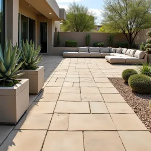 Desert Modern Paver Space - Contemporary paver patio with sandy-colored stones in a linear pattern. Decorated with sculptural succulents and desert plants in simple concrete planters. Modern sectional seating in neutral tones.