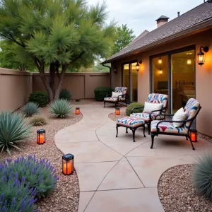 Desert Smart Design - Water-wise paver patio using basic concrete pavers in warm beige. Decorative gravel borders with drought-tolerant red yucca and blue sage. Simple metal chairs with southwestern print cushions. Solar lanterns provide evening lighting.