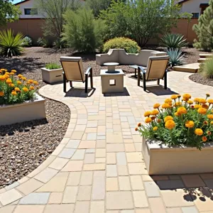 Desert Smart Savings - Simple stamped concrete paver patio in sandy beige. Low-maintenance desert marigolds and firecracker penstemon provide color. Affordable aluminum sling chairs in bronze finish. Painted cinder block planters with blue agave.