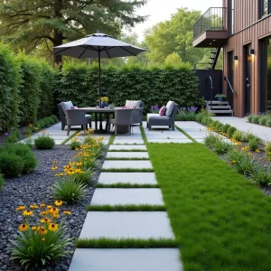 Eco-Grid Garden Space - Cost-effective permeable paver patio with grass-filled grid system. Sustainable design featuring native black-eyed susans and purple coneflowers along borders. Simple recycled plastic furniture in slate grey. Solar-powered ground lights illuminate the pathway edges.