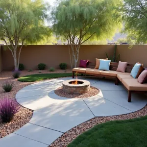 Evening Star Layout - An affordable star-shaped paver patio using basic grey concrete pavers. Central fire pit surrounded by Mexican pebble border. Desert willow trees provide natural shade with underplanting of purple fountain grass. Simple wooden bench seating with outdoor cushions in earth tones.