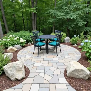 Forest Edge Mosaic - Mixed-size granite paver patio creating subtle mosaic pattern. Bordered by native winterberry holly and oakleaf hydrangea. Simple black metal bistro set with forest green cushions, surrounded by natural stone boulders.