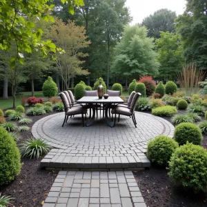 Four Season Interest - Charcoal brick paver patio with classic running bond pattern. Bordered by dwarf evergreen boxwood, red twig dogwood, and ornamental grasses. Simple cast aluminum dining set with taupe cushions and bronze garden sculptures.