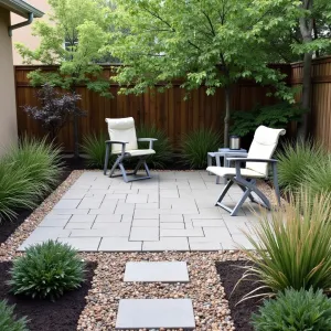 Gravel Edge Simplicity - Affordable rectangular paver patio with pea gravel border transition. Drought-tolerant salvias and maiden grass create natural privacy screen. Simple aluminum folding chairs with removable canvas seats. Solar-powered path lights mark the edges.