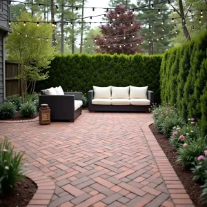 Herringbone Pattern Paradise - Simple herringbone pattern paver patio in warm terracotta tones, nestled in a peaceful backyard. Bordered by boxwood hedges and featuring a comfortable outdoor sofa with cream cushions. String lights overhead create a warm ambiance.