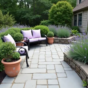 Lavender Breeze Terrace - Pale grey tumbled paver patio with integrated herb garden beds. Mass plantings of English lavender, Russian sage, and catmint create fragrant borders. Simple wrought iron loveseat with lavender striped cushions and weathered terra cotta planters.