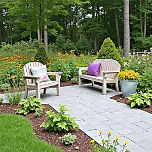 Meadow Edge Escape - Simple rectangular paver patio using basic grey pavers. Native wildflower mix including coneflowers and black-eyed susans create meadow border. Budget-friendly wooden benches with outdoor pillows. Metal container herb garden adds functionality.