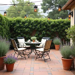 Mediterranean Budget Bliss - Affordable terra cotta-colored concrete paver patio in basic grid pattern. Lavender and rosemary planted in simple terracotta pots. Cost-effective metal bistro set with cream cushions. Strings of solar-powered Mediterranean-style lanterns overhead.