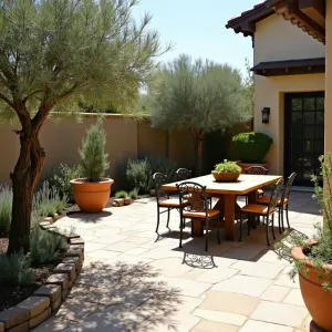 Mediterranean Paver Courtyard - Sun-kissed natural stone paver patio with Mediterranean influence. Olive trees in large ceramic pots, rustic wooden dining table, and simple wrought iron chairs. Rosemary and sage border plantings.