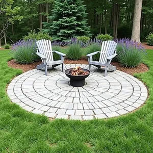 Modern Circular Paver Retreat - A cozy circular paver patio in a backyard setting, featuring light grey concrete pavers arranged in a circular pattern. Surrounded by lush green grass and bordered by lavender plants. Simple metal furniture includes two modern Adirondack chairs and a small fire pit in the center.