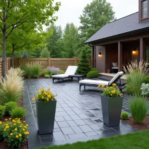 Modern Prairie Paver Design - Clean-lined rectangular paver patio with dark charcoal stones. Surrounded by ornamental grasses, black-eyed susans, and native prairie plants. Modern metal container planters and simple loungers complete the look.