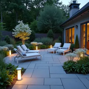 Moonlit Garden Sanctuary - Elegant bluestone paver patio in staggered pattern, illuminated by contemporary bollard lights. Silver-leafed dusty miller and white flowering moonflower vines create ethereal evening garden. Simple aluminum mesh loungers in pearl white with silvery grey cushions, accompanied by frosted glass lanterns.