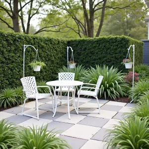 Morning Coffee Corner - Small-scale paver patio using basic concrete squares in a diamond pattern. Low-maintenance spider plants in hanging baskets from simple shepherd's hooks. Affordable bistro set in powder-coated white. Border of easy-care liriope grass.