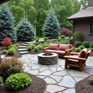 Mountain Vista Retreat - Rustic slate paver patio with irregular shapes creating natural flow. Blue spruce and red twig dogwood provide year-round interest. Simple log furniture with plaid cushions and a stone fire bowl centerpiece.