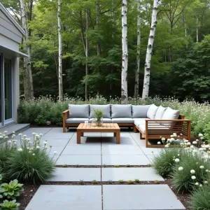 Nordic Frost Garden - Cool grey limestone paver patio in a clean grid pattern. White birch trees provide backdrop, with mass plantings of silver artemisia and white echinacea. Simple Scandinavian-style teak furniture with light grey cushions.