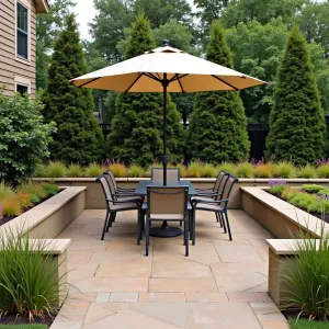 Prairie Sunset Social - Warm brown concrete paver patio with integrated seat walls. Karl Foerster grass and autumn joy sedum create natural privacy screen. Simple aluminum dining set with beige umbrella for shade.