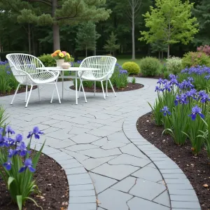 Rain Garden Harmony - Permeable paver patio in soft grey tones with integrated rain garden features. Sweet flag grass and Japanese iris provide natural water filtration. Simple metal mesh furniture in powder-coated white.