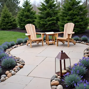 River Rock Border Retreat - Natural beige paver patio with smooth river rock border transition. Featuring blue star juniper shrubs and purple coneflowers along the edges. Simple wooden Adirondack chairs and a matching side table, with copper lanterns for evening ambiance.