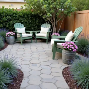 Rustic Hexagon Haven - Budget-friendly hexagonal concrete paver patio in warm grey tones arranged in a honeycomb pattern. Bordered by drought-resistant blue oat grass and purple catmint. Simple wooden Adirondack chairs painted sage green with ivory cushions. Repurposed wine barrel planters filled with trailing petunias create visual interest.