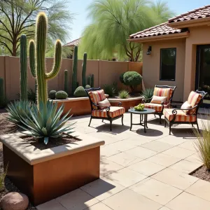 Southwest Desert Calm - Sand-colored travertine paver patio with built-in cactus gardens. Blue agave and golden barrel cactus in raised cor-ten steel planters. Simple wrought iron furniture with southwestern pattern cushions.