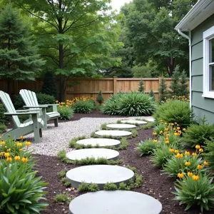 Stepping Stone Connection - Creative mix of large format concrete pavers spaced as stepping stones, filled with creeping thyme. Simple gravel paths connect seating areas. Budget-friendly plastic Adirondack chairs in sage green. Self-seeding black-eyed susans provide natural border.