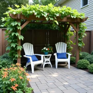 Summer Shade Retreat - Basic concrete paver patio with alternating grey tones. Fast-growing trumpet vine on simple wooden arbor provides natural shade. White plastic resin chairs with blue cushions. Border of budget-friendly daylilies and ornamental sweet potato vine.