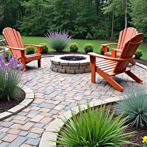 Sunset Social Circle - Circular paver patio using affordable concrete pavers in a simple spiral pattern. Russian sage and ornamental millet grass create purple-bronze color theme. Basic plastic Adirondack chairs in terra cotta color. DIY fire pit from landscape blocks.